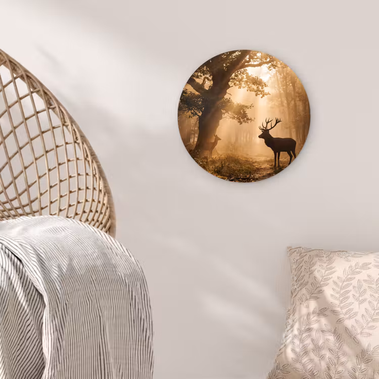 Hert - Bos - Mistig - Natuur - Goud Wandcirkel kunststof plaat 5mm dik klein -sfeer5