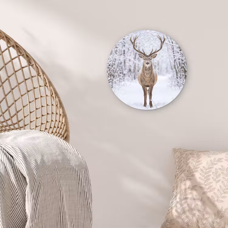 Hert - Winter - Bos - Natuur - Wit Wandcirkel kunststof plaat 5mm dik klein -sfeer5