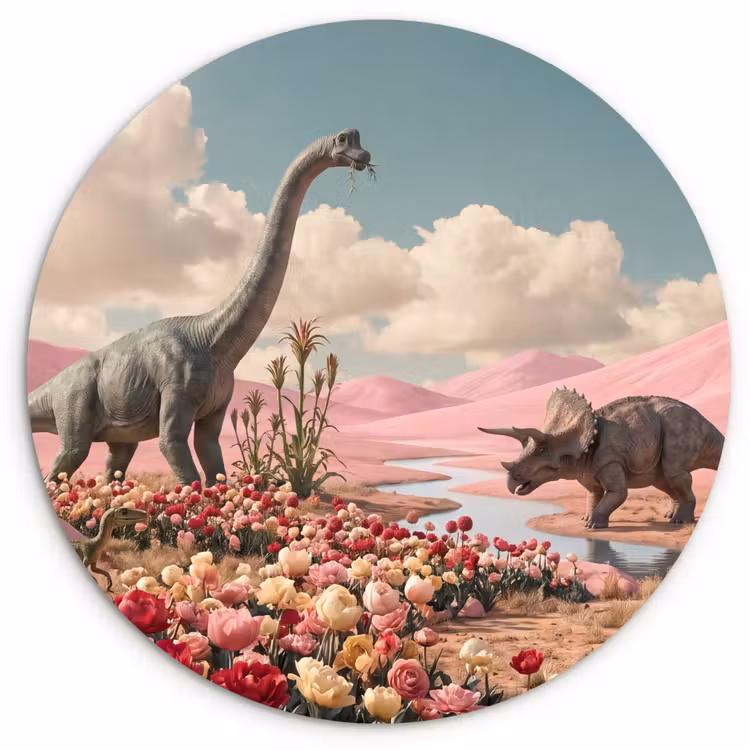 round wall art - Dinosaur - Pink - Landscape - Dinosaurus - Roze - Landschap Wandcirkel kunststof plaat 5mm dik klein