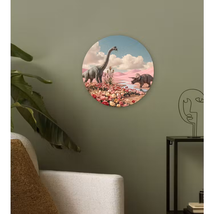 round wall art - Dinosaur - Pink - Landscape - Dinosaurus - Roze - Landschap Wandcirkel kunststof plaat 5mm dik klein