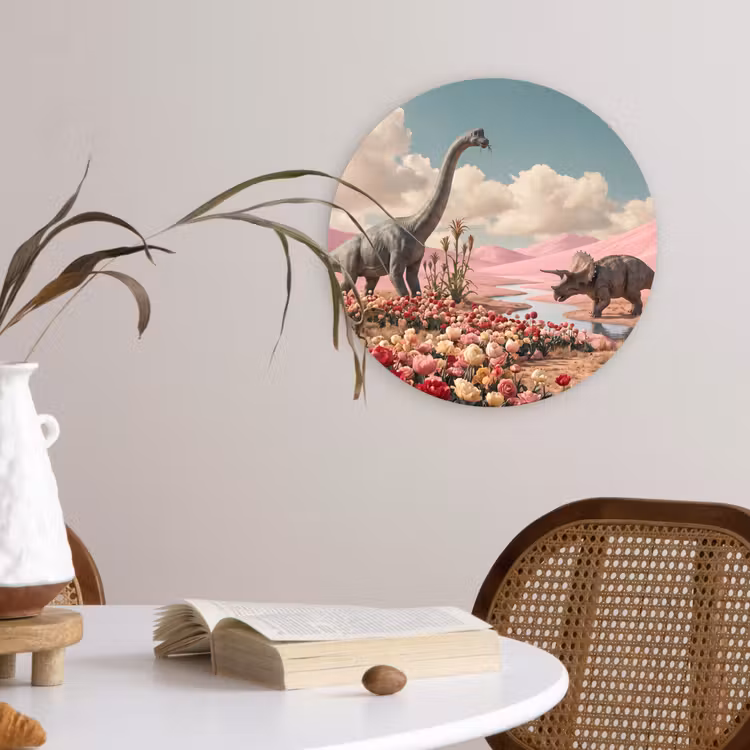 round wall art - Dinosaur - Pink - Landscape - Dinosaurus - Roze - Landschap Wandcirkel kunststof plaat 5mm dik klein