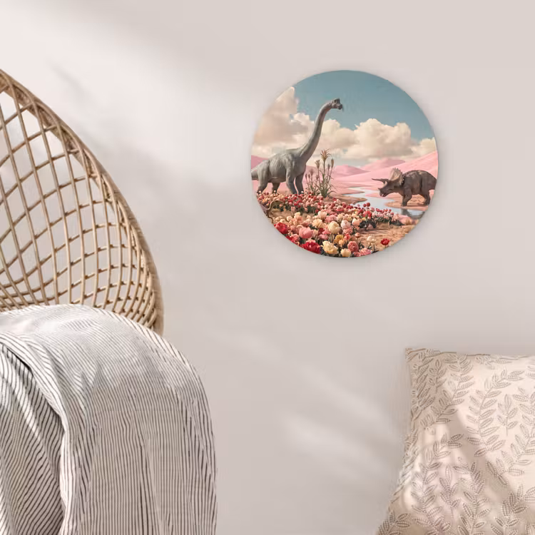 round wall art - Dinosaur - Pink - Landscape - Dinosaurus - Roze - Landschap Wandcirkel kunststof plaat 5mm dik klein