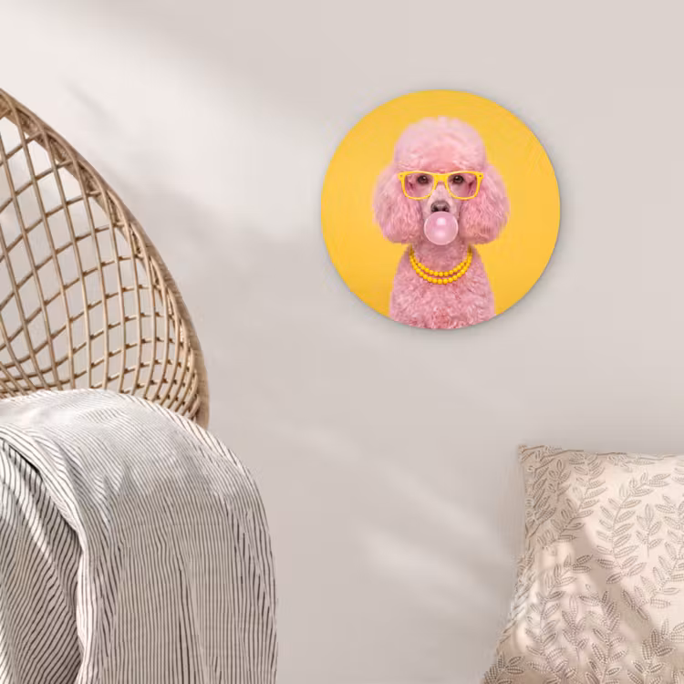Hond - Kauwgum - Dieren - Modern - Roze Wandcirkel kunststof plaat 5mm dik klein -sfeer5