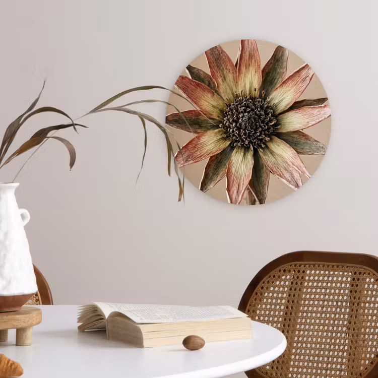 Droogbloem - Protea - Vintage - Beige - Rustiek Wandcirkel kunststof plaat 5mm dik klein -sfeer4