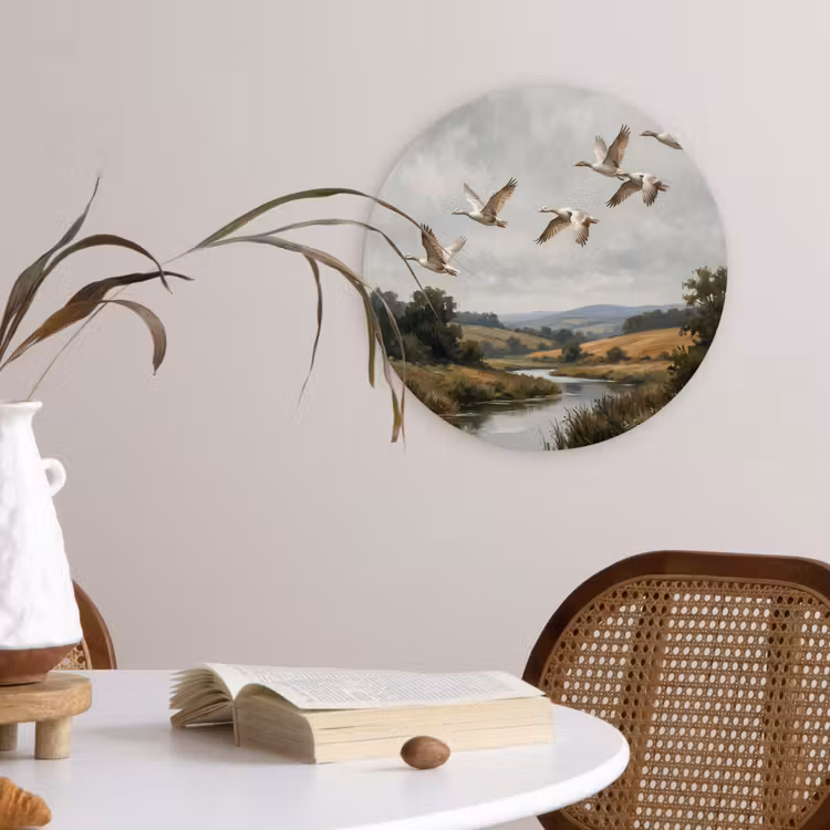 Eenden - Rivier - Landschap - Vlucht - Nostalgisch Wandcirkel kunststof plaat 5mm dik klein -sfeer4