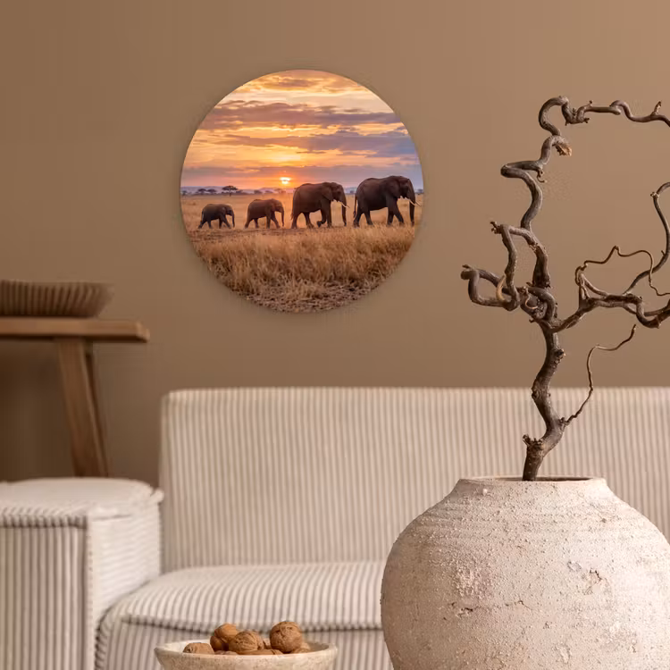 Olifanten - Savanne - Zonsondergang - Afrika - Warm Wandcirkel kunststof plaat 5mm dik klein -sfeer1