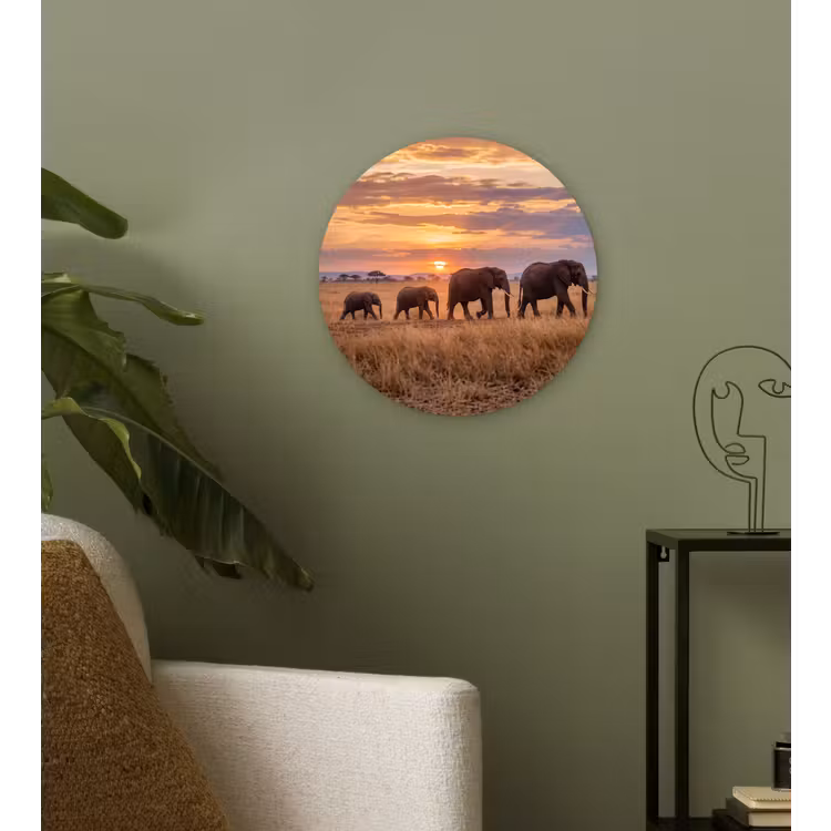 Olifanten - Savanne - Zonsondergang - Afrika - Warm Wandcirkel kunststof plaat 5mm dik klein -sfeer3
