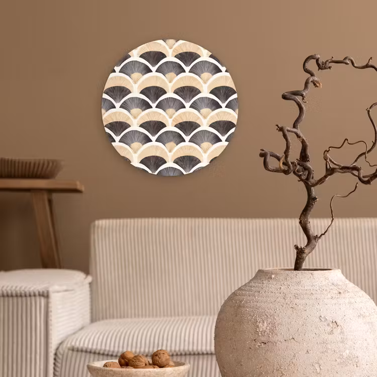 Waaier - Patroon - Zwart - Beige Wandcirkel kunststof plaat 5mm dik klein 188 -sfeer1