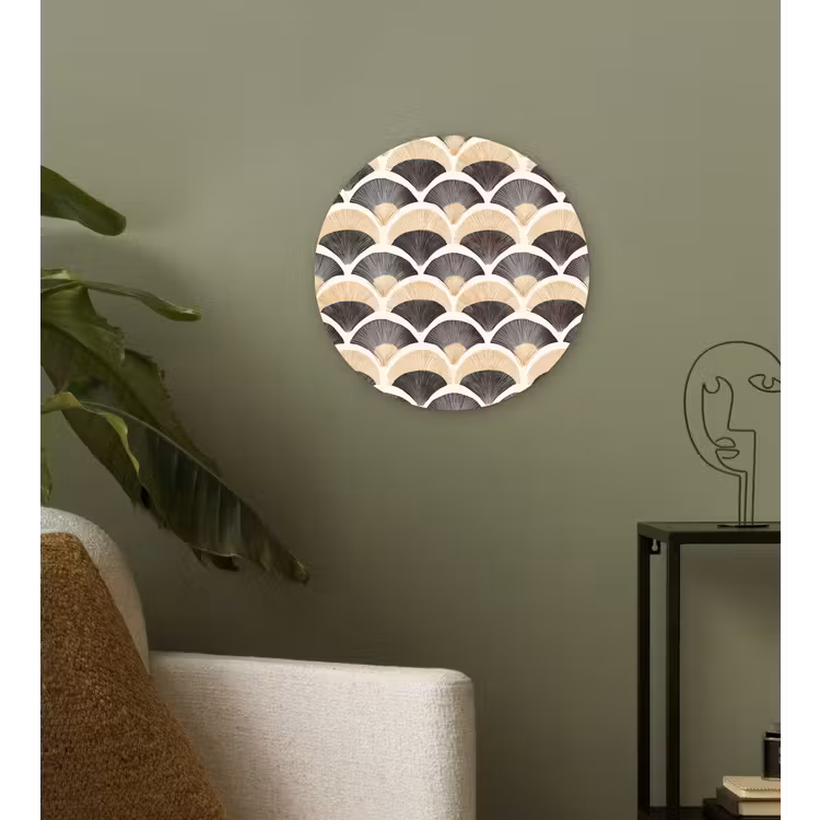 Waaier - Patroon - Zwart - Beige Wandcirkel kunststof plaat 5mm dik klein 188 -sfeer3