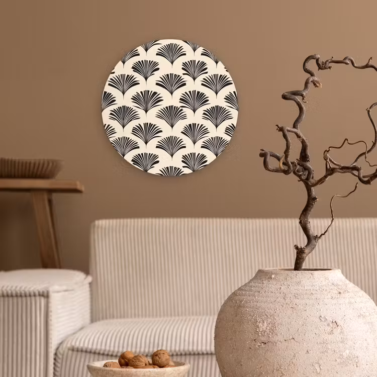 Waaiers - Botanisch - Zwart - Beige Wandcirkel kunststof plaat 5mm dik klein 188 -sfeer1