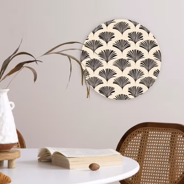 Waaiers - Botanisch - Zwart - Beige Wandcirkel kunststof plaat 5mm dik klein 188 -sfeer4