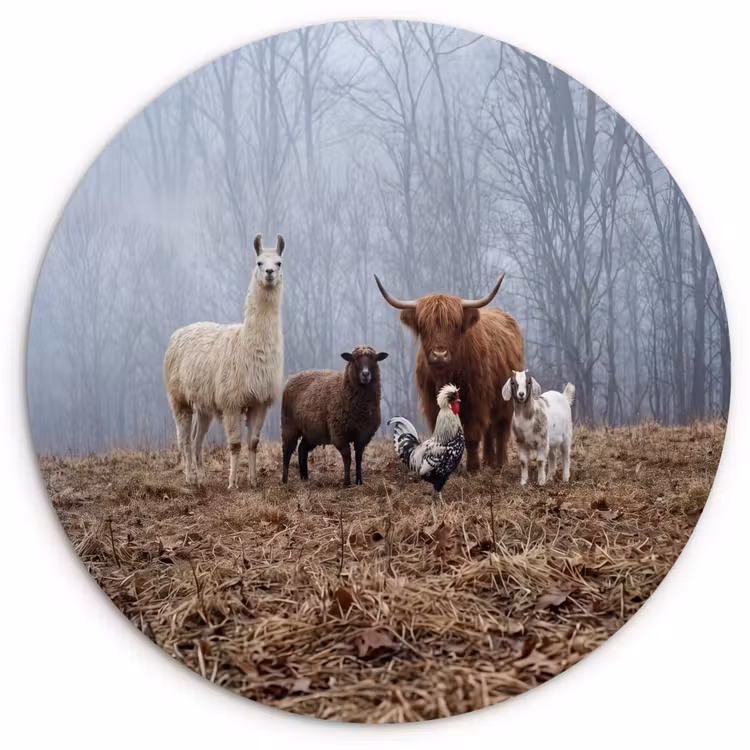 Boerderijdieren - Groep - Mist - Natuur - Rustiek Wandcirkel kunststof plaat 5mm dik klein -3d