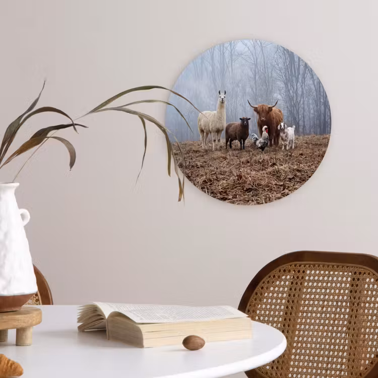 Boerderijdieren - Groep - Mist - Natuur - Rustiek Wandcirkel kunststof plaat 5mm dik klein -sfeer4