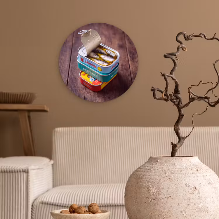 round wall art - Fish - Cans - Kitchen - Vis - Blikjes - Keuken Wandcirkel kunststof plaat 5mm dik klein