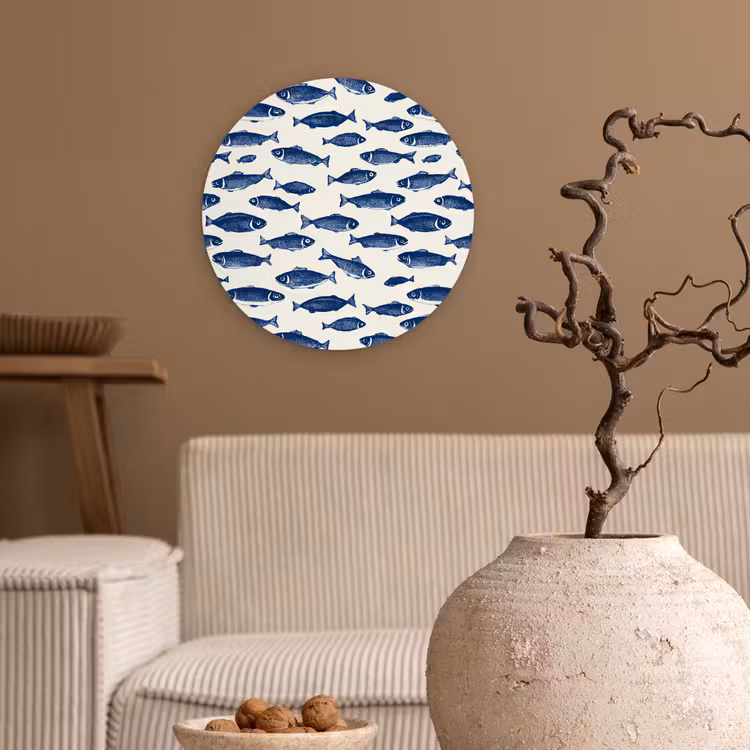 Vissen - Patroon - Blauw - Wit Wandcirkel kunststof plaat 5mm dik klein 188 -sfeer1