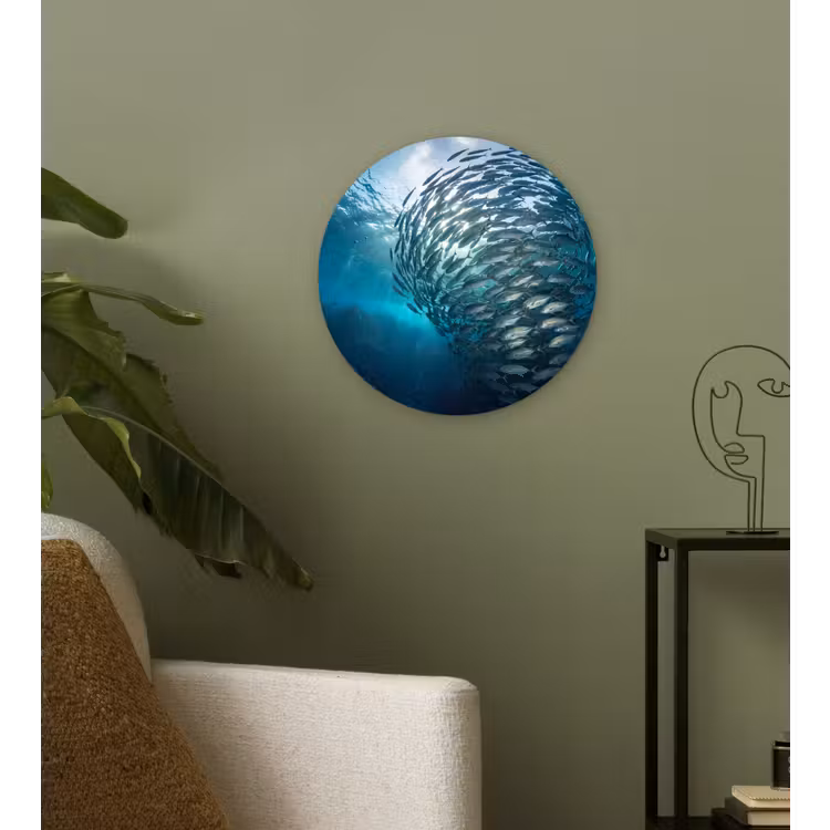 Vis - School - Oceaan - Natuur - Blauw Wandcirkel kunststof plaat 5mm dik klein -sfeer3