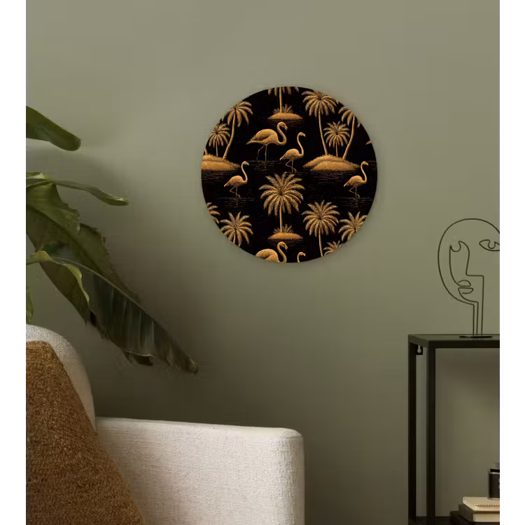 Flamingo - Palmbomen - Tropisch - Goud - Zwart Wandcirkel kunststof plaat 5mm dik klein 188 -sfeer3