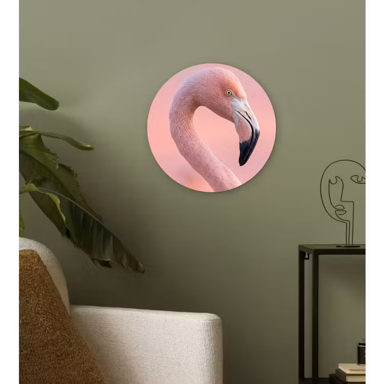 Flamingo - Portret - Roze Wandcirkel kunststof plaat 5mm dik klein -sfeer3