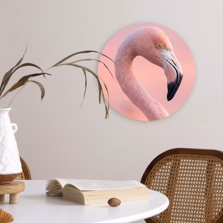 Flamingo - Portret - Roze Wandcirkel kunststof plaat 5mm dik klein -sfeer4