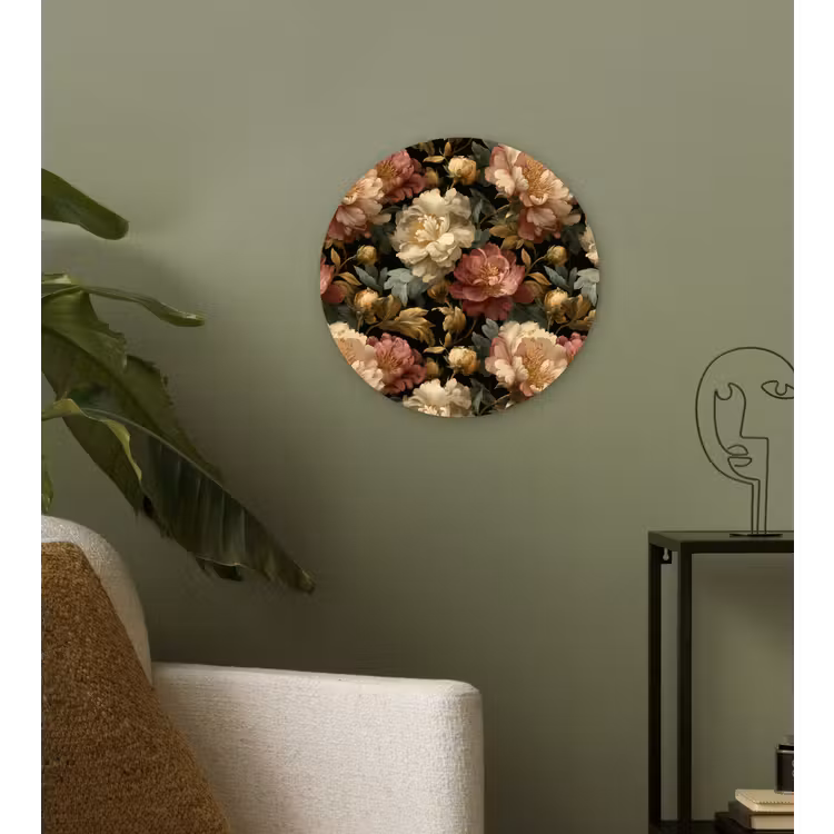 Bloemen - Barok - Patroon - Roze - Crème Wandcirkel kunststof plaat 5mm dik klein 188 -sfeer3