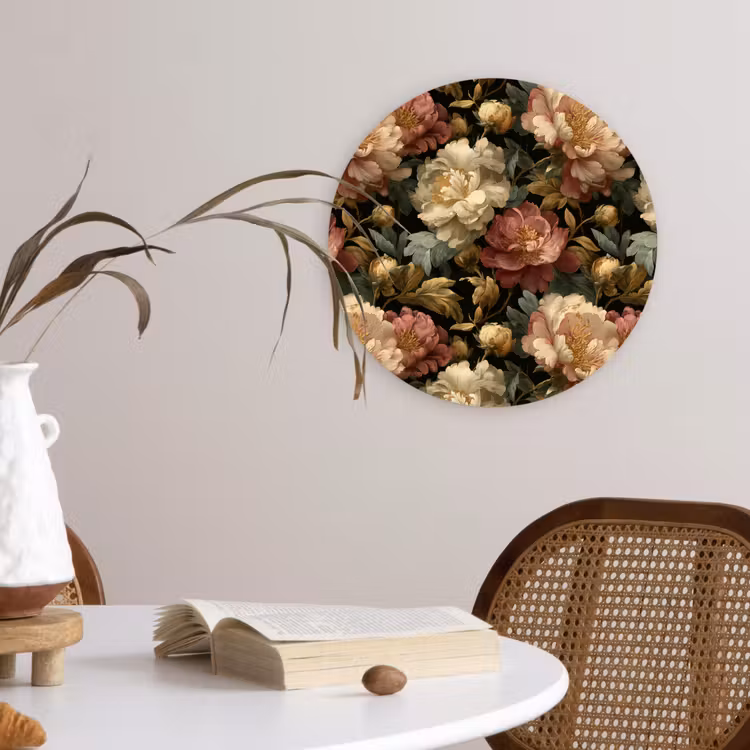 Bloemen - Barok - Patroon - Roze - Crème Wandcirkel kunststof plaat 5mm dik klein 188 -sfeer4