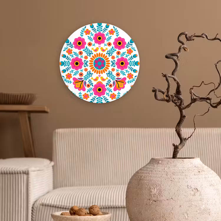 Bloemen - Vogel - Patroon - Kleurrijk - Modern Wandcirkel kunststof plaat 5mm dik klein -sfeer1