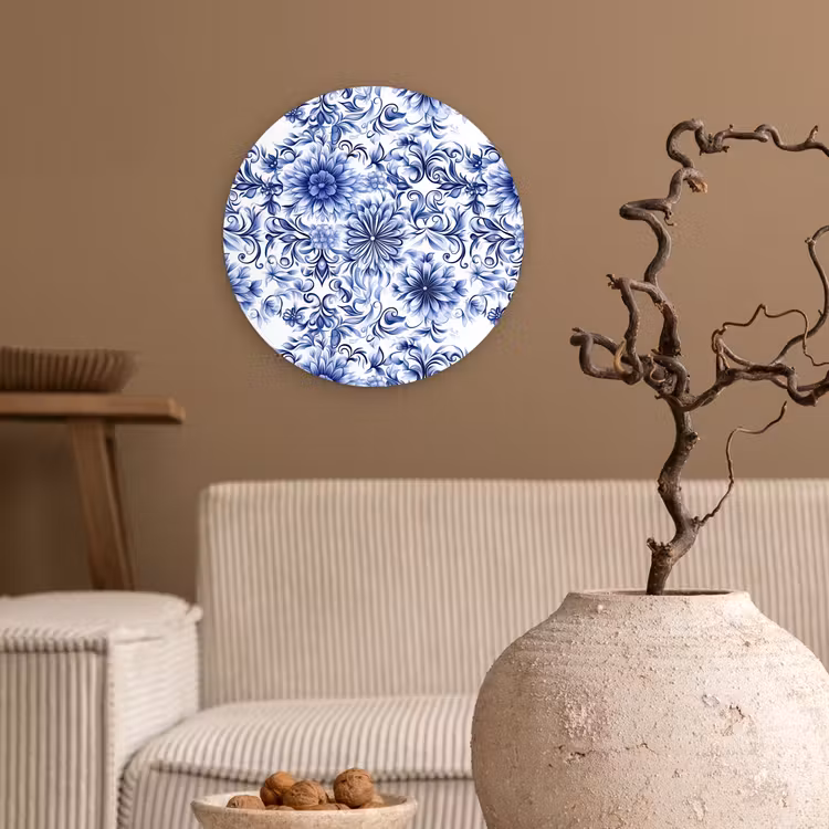 Bloemen - Blauw - Patroon - Wit Wandcirkel kunststof plaat 5mm dik klein 188 -sfeer1