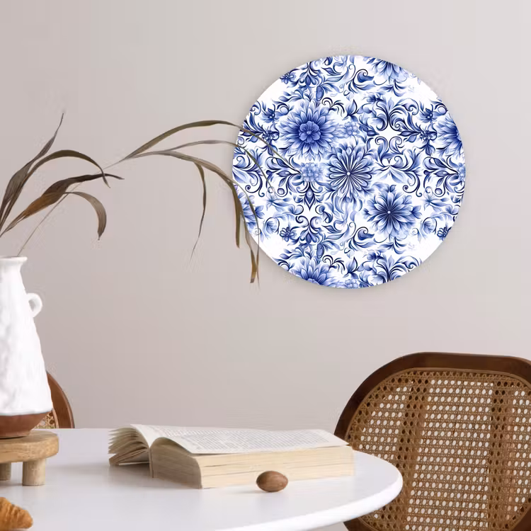 Bloemen - Blauw - Patroon - Wit Wandcirkel kunststof plaat 5mm dik klein 188 -sfeer4