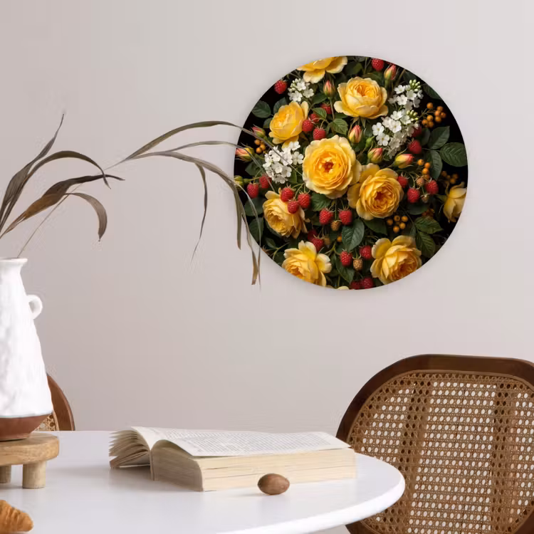 Bloemen - Boeket - Natuur - Klassiek - Geel Wandcirkel kunststof plaat 5mm dik klein -sfeer4