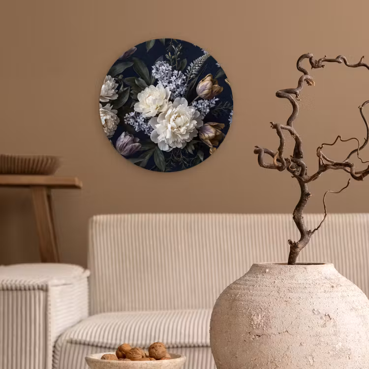Bloemen - Donker - Elegant - Natuur - Wit Wandcirkel kunststof plaat 5mm dik klein -sfeer1