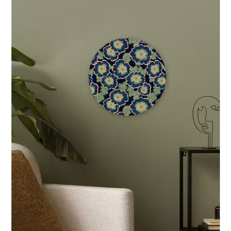 Bloemen - Borduurwerk - Patroon - Blauw - Groen Wandcirkel kunststof plaat 5mm dik klein 188 -sfeer3