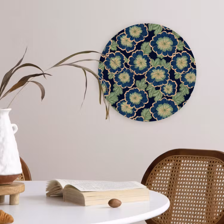 Bloemen - Borduurwerk - Patroon - Blauw - Groen Wandcirkel kunststof plaat 5mm dik klein 188 -sfeer4