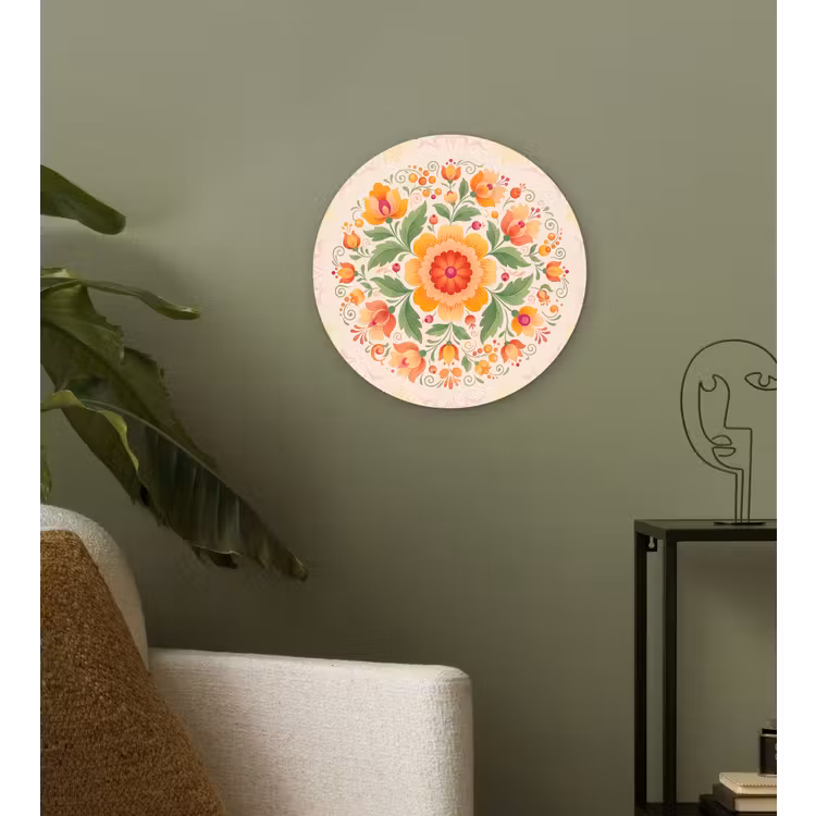 Bloemen - Patroon - Decoratief - Oranje Wandcirkel kunststof plaat 5mm dik klein -sfeer3