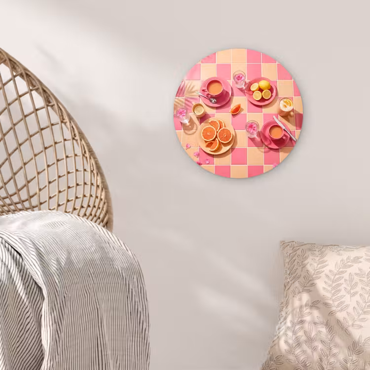 Eten - Citrusvruchten - Stillevens - Roze - Oranje Wandcirkel kunststof plaat 5mm dik klein -sfeer5