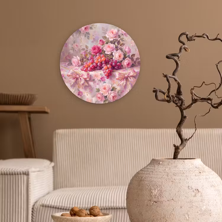 Eten - Bloemen - Stilleven - Roze - Goud Wandcirkel kunststof plaat 5mm dik klein -sfeer1