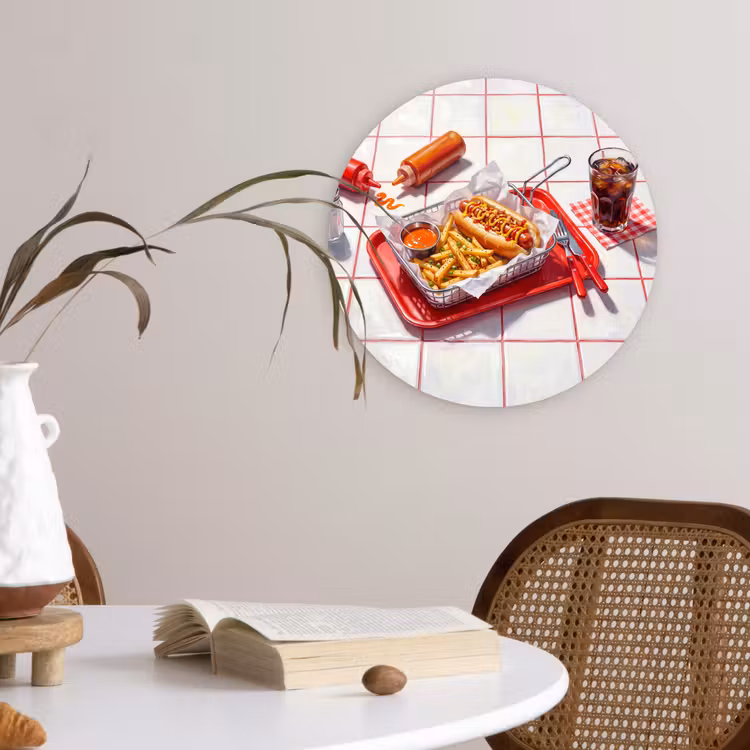 Eten - Hotdog - Fastfood - Modern - Rood Wandcirkel kunststof plaat 5mm dik klein -sfeer4