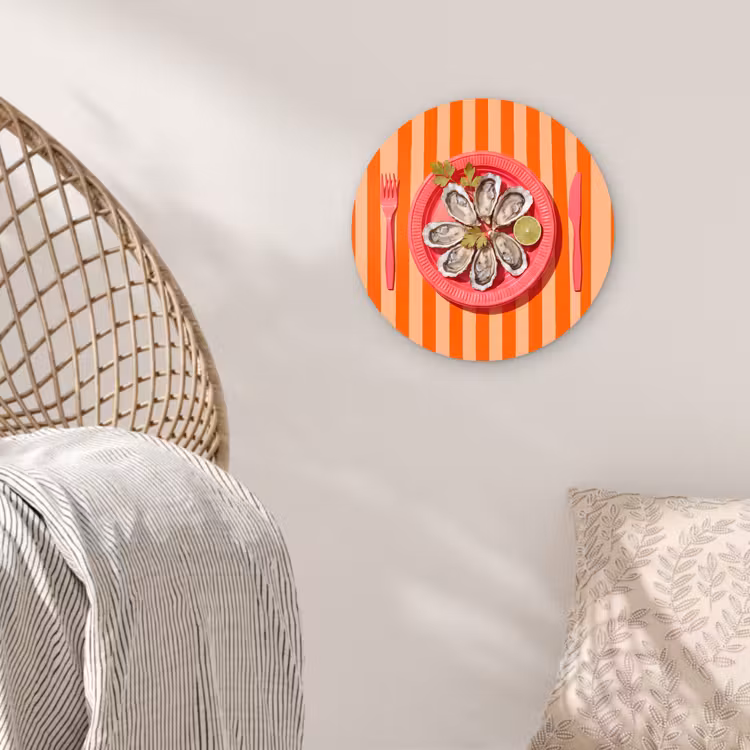 Eten - Oester - Zeevruchten - Oranje - Modern Wandcirkel kunststof plaat 5mm dik klein -sfeer5