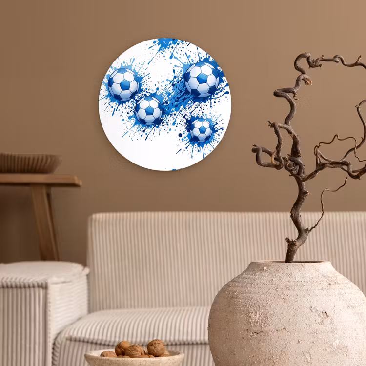 Voetballen - Verf - Sport - Blauw Wandcirkel kunststof plaat 5mm dik klein -sfeer1
