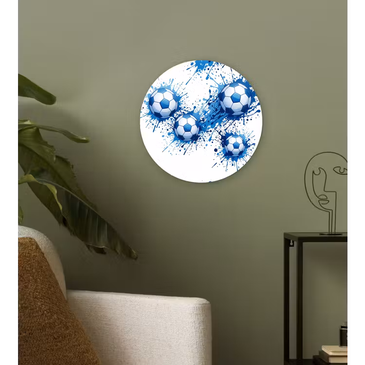 Voetballen - Verf - Sport - Blauw Wandcirkel kunststof plaat 5mm dik klein -sfeer3