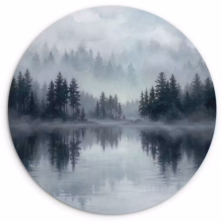 Bos - Meer - Mist - Natuur - Grijs Wandcirkel kunststof plaat 5mm dik klein -3d