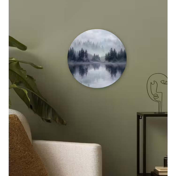 Bos - Meer - Mist - Natuur - Grijs Wandcirkel kunststof plaat 5mm dik klein -sfeer3