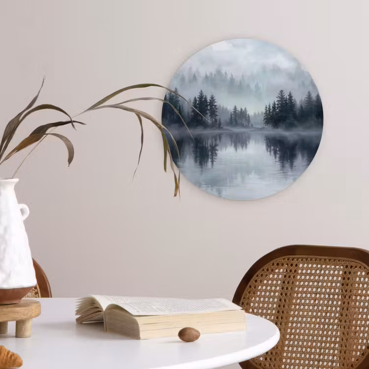 Bos - Meer - Mist - Natuur - Grijs Wandcirkel kunststof plaat 5mm dik klein -sfeer4