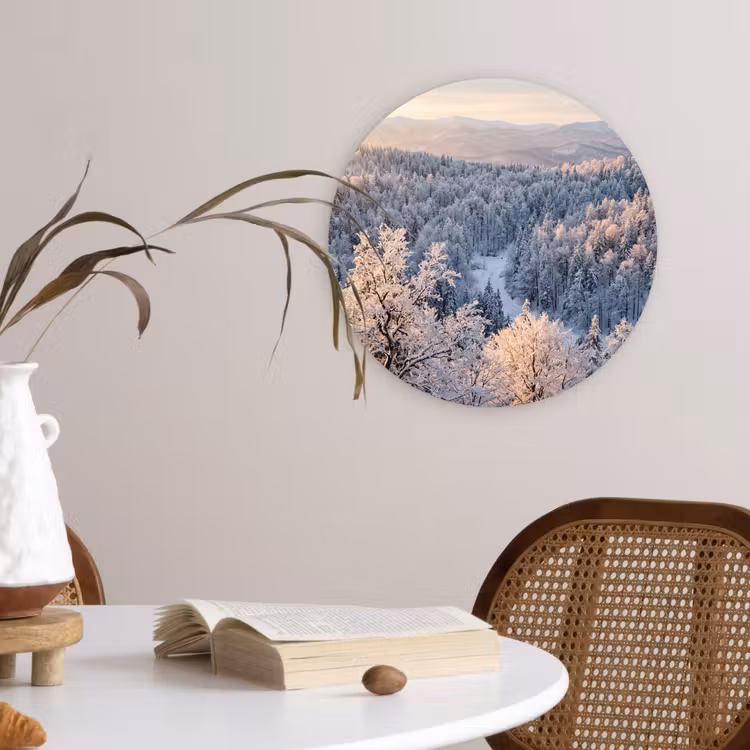 Bos - Bergen - Goud - Winter - Warm Wandcirkel kunststof plaat 5mm dik klein -sfeer4