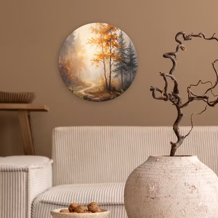 Bospad - Herfstbladeren - Natuur - Schilderachtig - Oranje Wandcirkel kunststof plaat 5mm dik klein -sfeer1