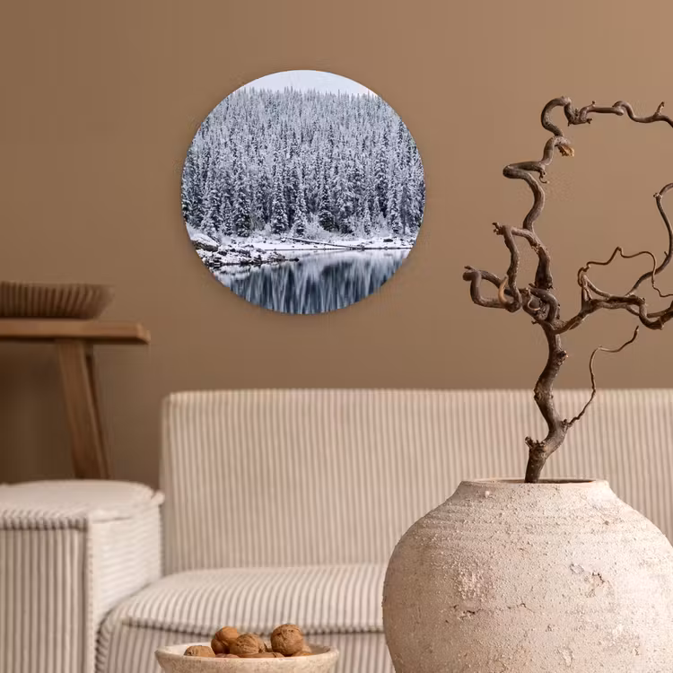 Bos - Reflectie - Meer - Winter - Serene Wandcirkel kunststof plaat 5mm dik klein -sfeer1