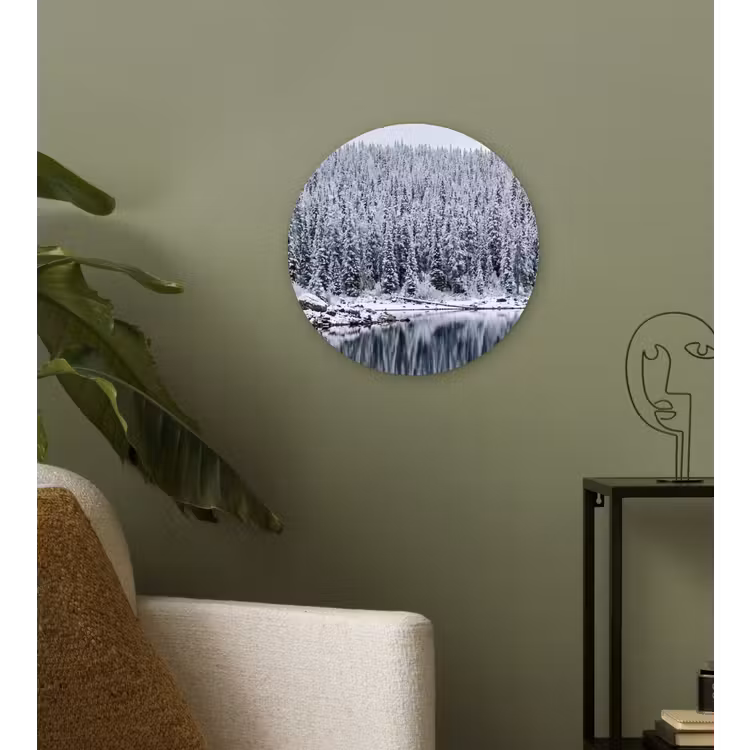 Bos - Reflectie - Meer - Winter - Serene Wandcirkel kunststof plaat 5mm dik klein -sfeer3