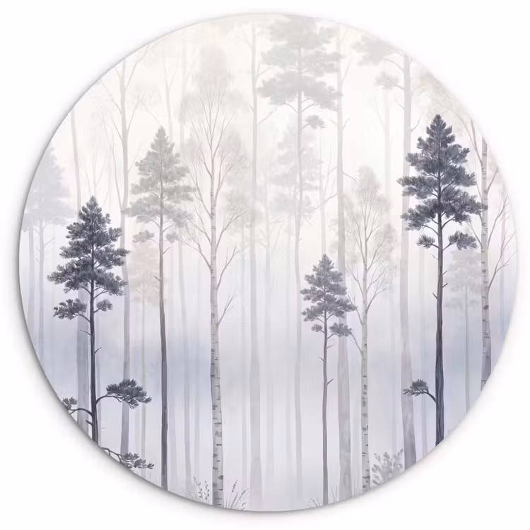 Bos - Bomen - Mist - Natuur - Illustratie - Grijs Wandcirkel kunststof plaat 5mm dik klein -3d