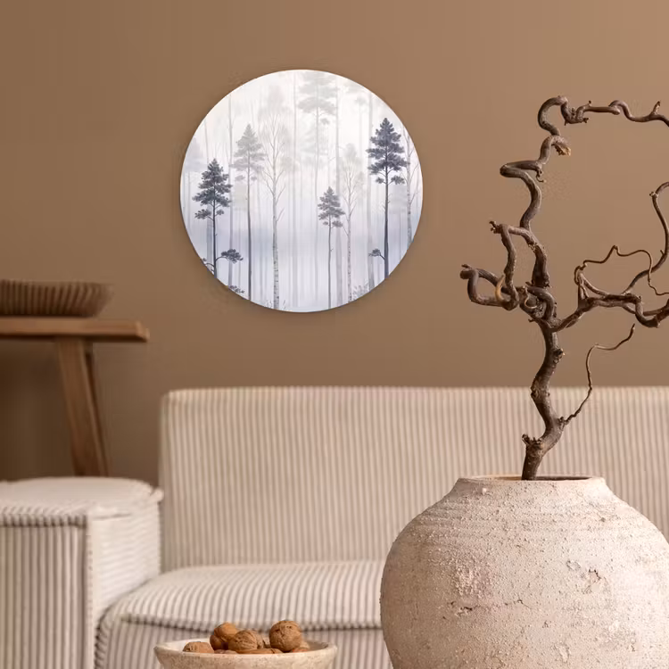 Bos - Bomen - Mist - Natuur - Illustratie - Grijs Wandcirkel kunststof plaat 5mm dik klein -sfeer1