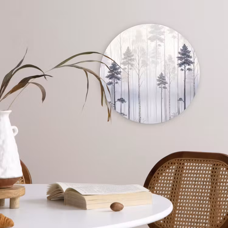 Bos - Bomen - Mist - Natuur - Illustratie - Grijs Wandcirkel kunststof plaat 5mm dik klein -sfeer4