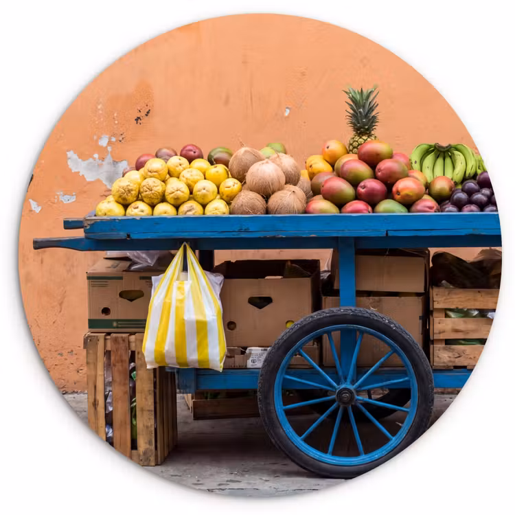 round wall art - Fruit - Cart - Street - Fruit - Kar - Straat Wandcirkel kunststof plaat 5mm dik klein